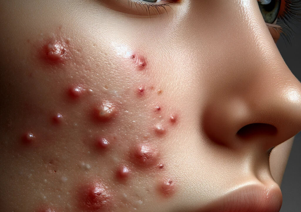 minor acne and the healing process of acne scarring. The skin texture should appear natural